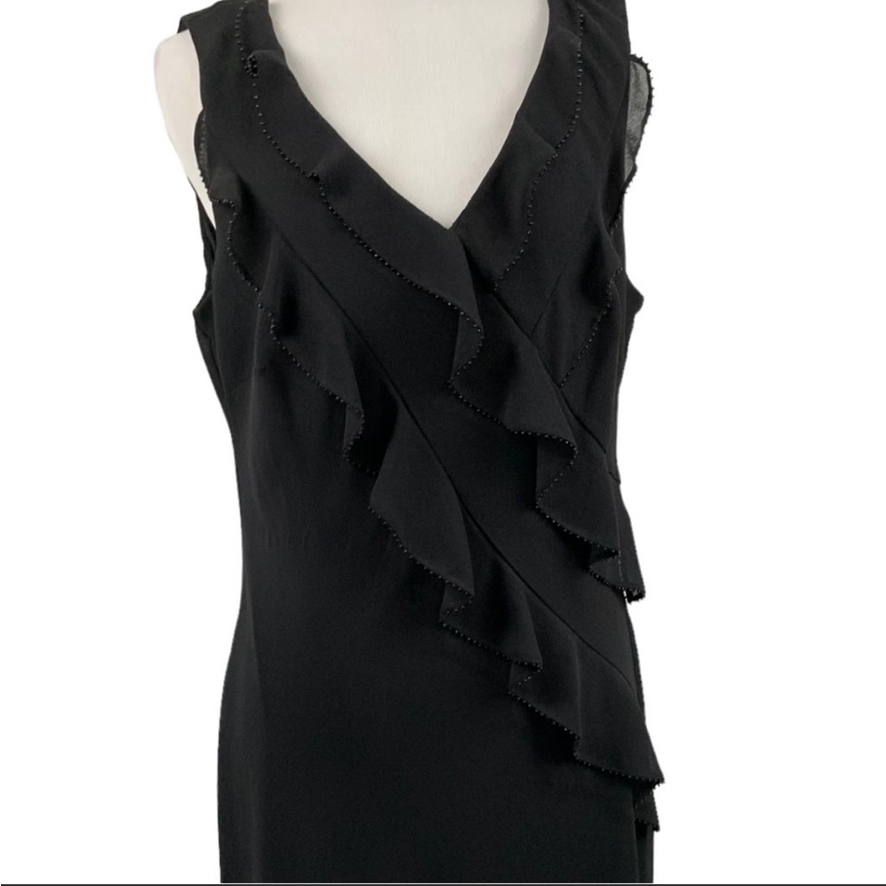 Robbie Bee Vintage V Neck Crepe Ruffle Black Beaded Sleeveless Midi Dress 10